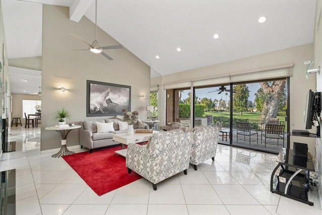 living room with light tile patterned flooring, ceiling fan, beam ceiling, and high vaulted ceiling