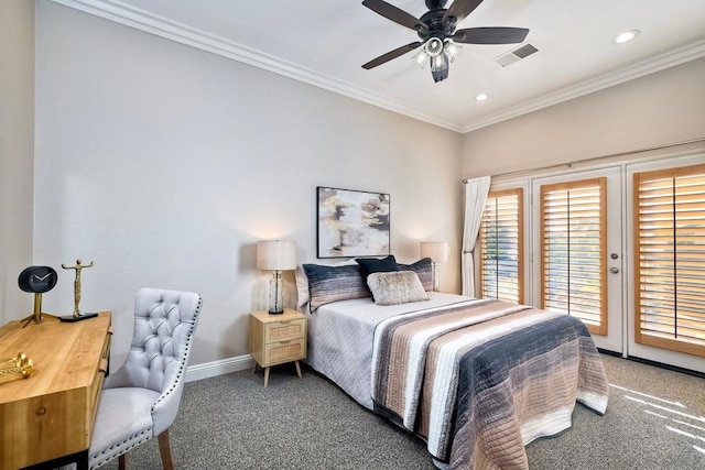 bedroom featuring ceiling fan, ornamental molding, access to outside, and dark colored carpet