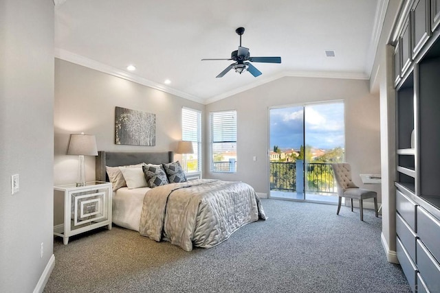 carpeted bedroom with lofted ceiling, crown molding, access to outside, and ceiling fan