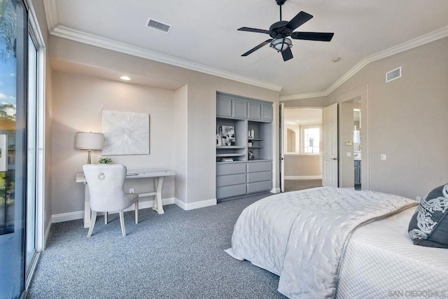 carpeted bedroom featuring ornamental molding, lofted ceiling, and ceiling fan