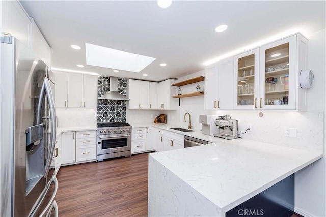 kitchen with wall chimney exhaust hood, sink, kitchen peninsula, stainless steel appliances, and white cabinets