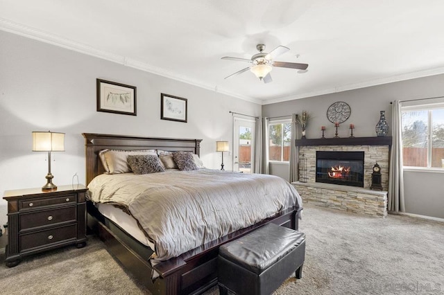 bedroom featuring multiple windows, light carpet, and ornamental molding