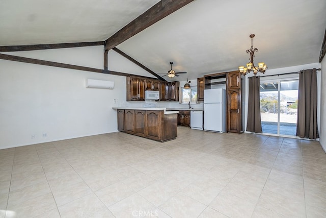 kitchen with ceiling fan with notable chandelier, vaulted ceiling with beams, hanging light fixtures, white appliances, and a wall unit AC