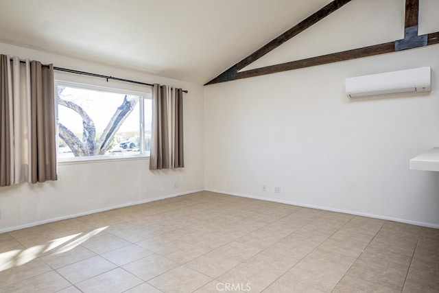 tiled empty room with lofted ceiling with beams and a wall mounted AC