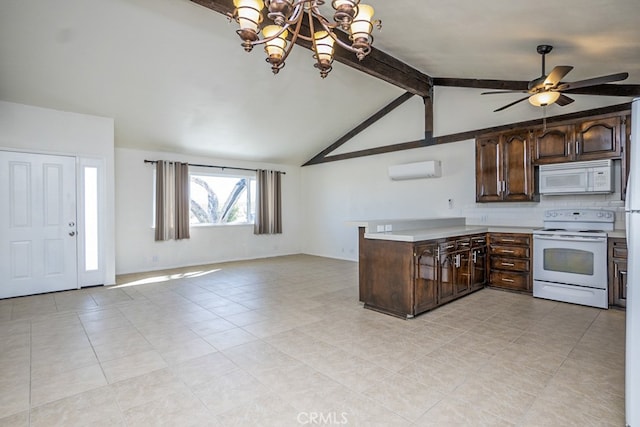 kitchen featuring white appliances, backsplash, vaulted ceiling with beams, dark brown cabinetry, and an AC wall unit