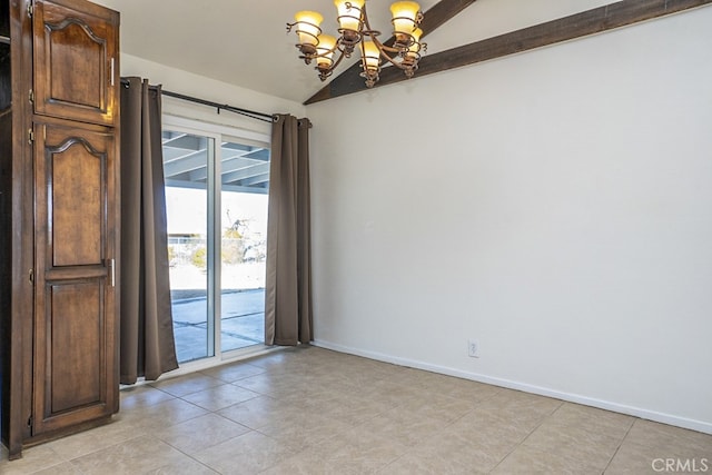 unfurnished room featuring a chandelier and vaulted ceiling