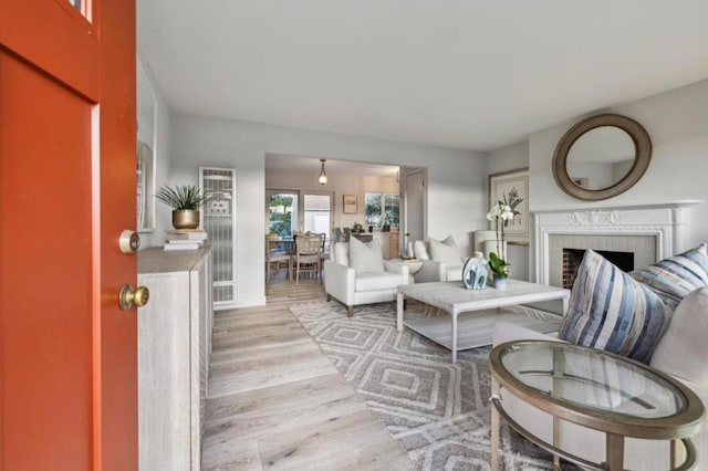 living room with light hardwood / wood-style flooring and a fireplace