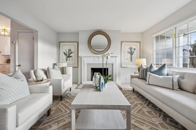 living room featuring a chandelier