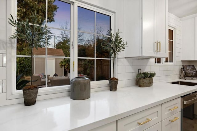 kitchen with tasteful backsplash, stainless steel dishwasher, and white cabinets