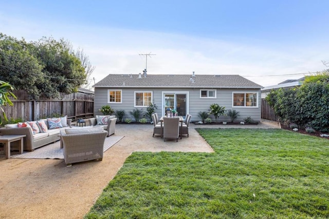 rear view of property with a patio, an outdoor hangout area, and a yard