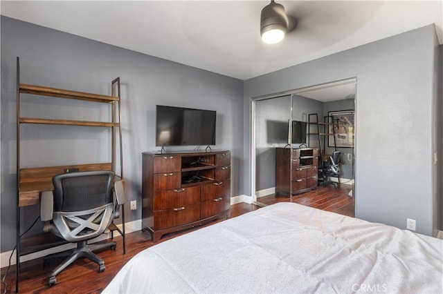 bedroom featuring ceiling fan, dark hardwood / wood-style flooring, and a closet