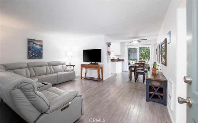 living room with ceiling fan and wood-type flooring