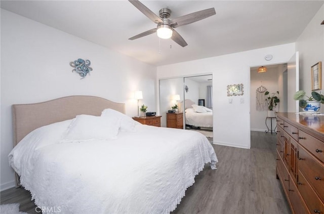 bedroom featuring wood-type flooring, ceiling fan, and a closet