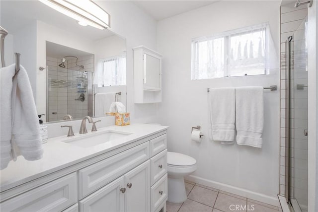 bathroom featuring tile patterned flooring, vanity, toilet, and an enclosed shower