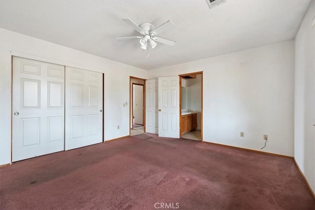 unfurnished bedroom with ceiling fan, light colored carpet, connected bathroom, and a closet