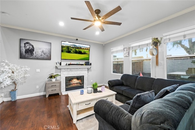 living area with baseboards, ceiling fan, ornamental molding, dark wood-style flooring, and a fireplace