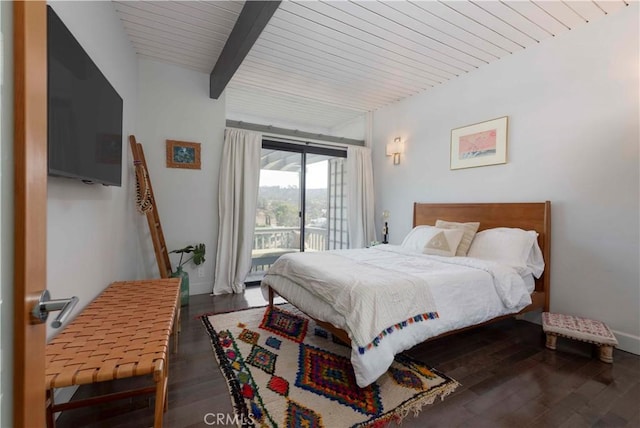 bedroom with dark hardwood / wood-style floors, wood ceiling, beam ceiling, and access to outside