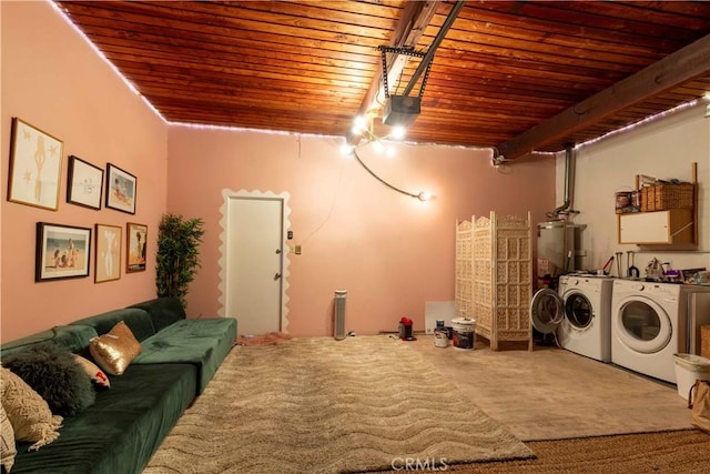 interior space featuring separate washer and dryer, carpet floors, and wooden ceiling