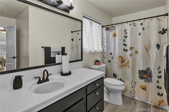 bathroom featuring vanity, curtained shower, wood-type flooring, and toilet