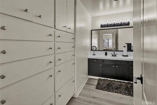 bathroom with hardwood / wood-style flooring and vanity