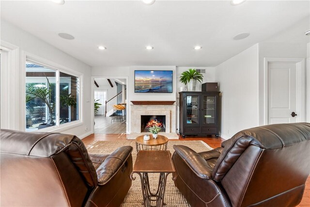 living room featuring wood-type flooring and a fireplace