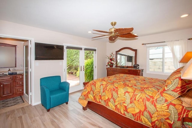 bedroom with access to exterior, light wood finished floors, connected bathroom, recessed lighting, and a ceiling fan