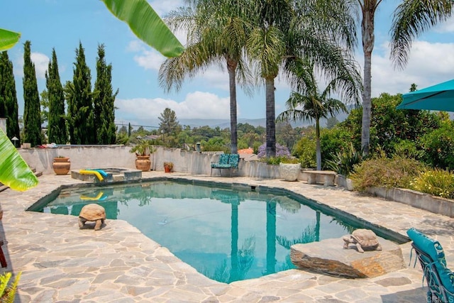 view of swimming pool featuring a fenced in pool and a patio area