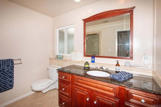 bathroom with tile patterned floors, visible vents, toilet, and vanity