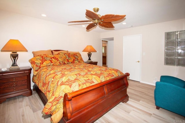 bedroom featuring baseboards, recessed lighting, visible vents, and light wood-type flooring