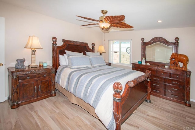 bedroom featuring recessed lighting, wood finished floors, and ceiling fan