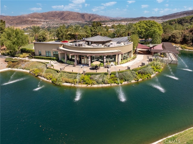 bird's eye view featuring a water and mountain view