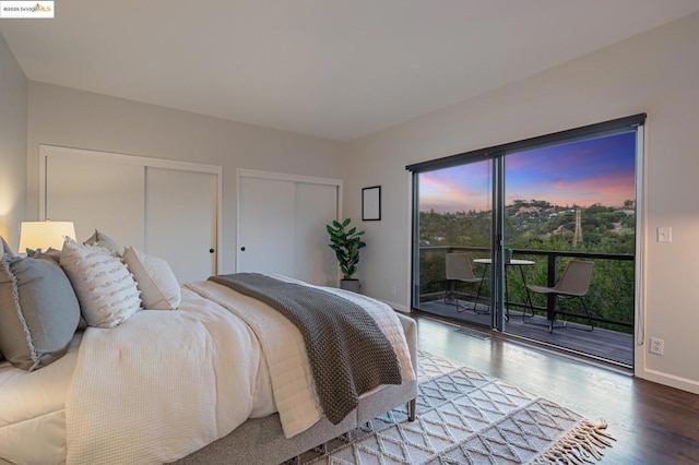 bedroom with hardwood / wood-style flooring, access to outside, and multiple closets