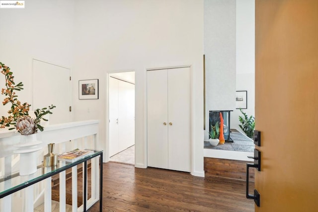 hall featuring dark wood-type flooring and a towering ceiling