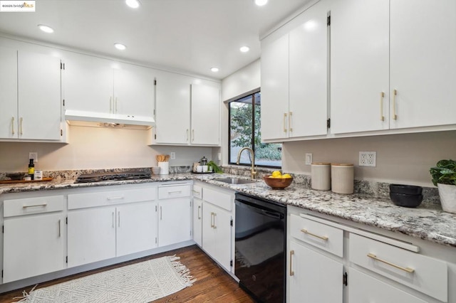 kitchen featuring white cabinetry, dark wood-type flooring, black dishwasher, and sink