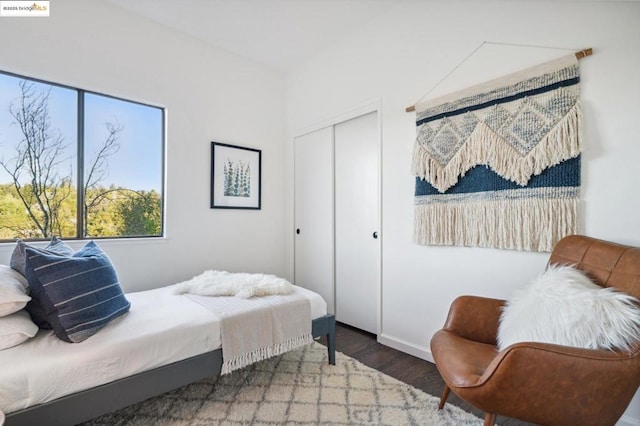 bedroom with dark hardwood / wood-style flooring and a closet