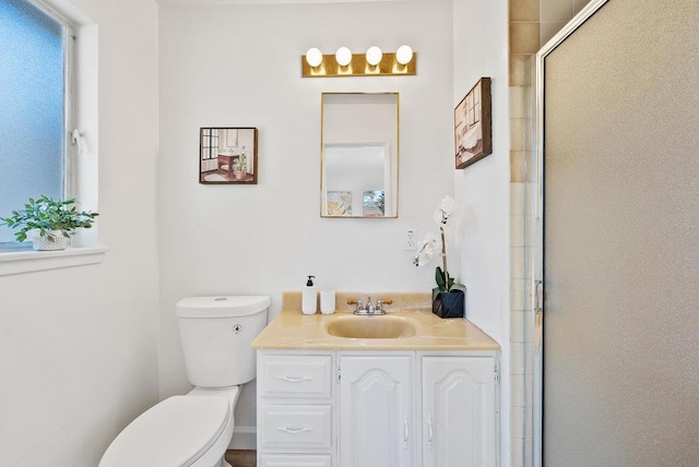 bathroom featuring vanity, toilet, and walk in shower