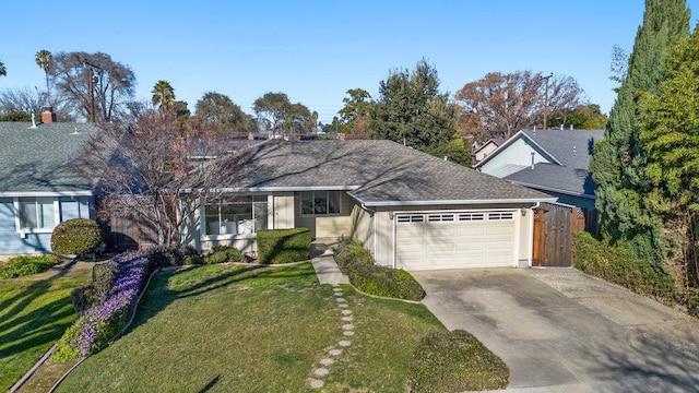 ranch-style house featuring a garage and a front lawn