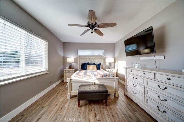 bedroom featuring ceiling fan and light wood-type flooring