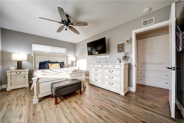 bedroom with ceiling fan and light wood-type flooring