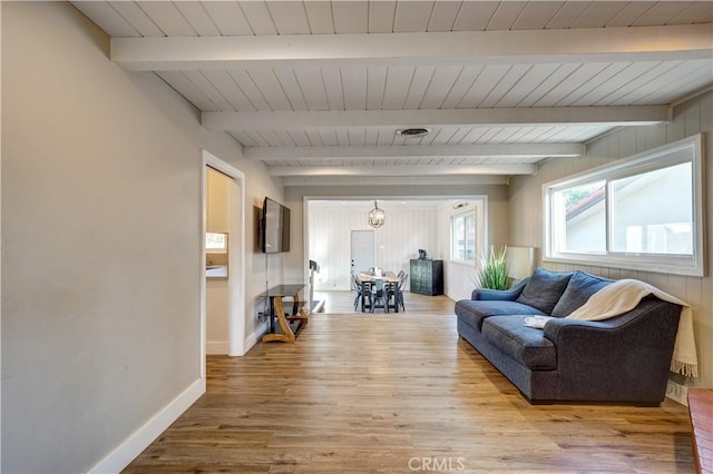 living area featuring visible vents, wood finished floors, wooden ceiling, beamed ceiling, and baseboards