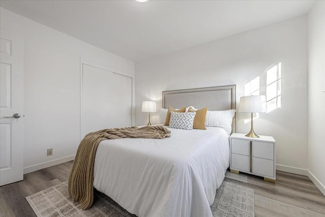 bedroom with hardwood / wood-style floors and a closet