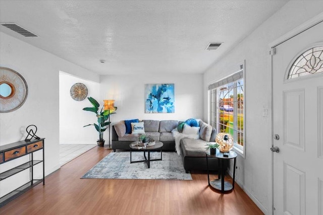 living room with hardwood / wood-style floors and a textured ceiling