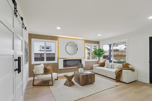 living room featuring a barn door and light hardwood / wood-style flooring