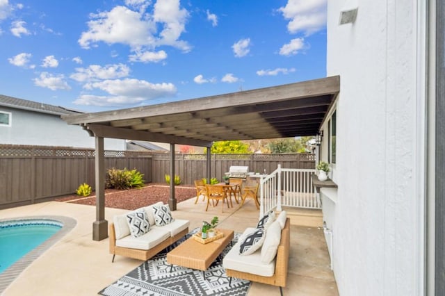 view of patio / terrace featuring a fenced in pool, a pergola, and an outdoor hangout area