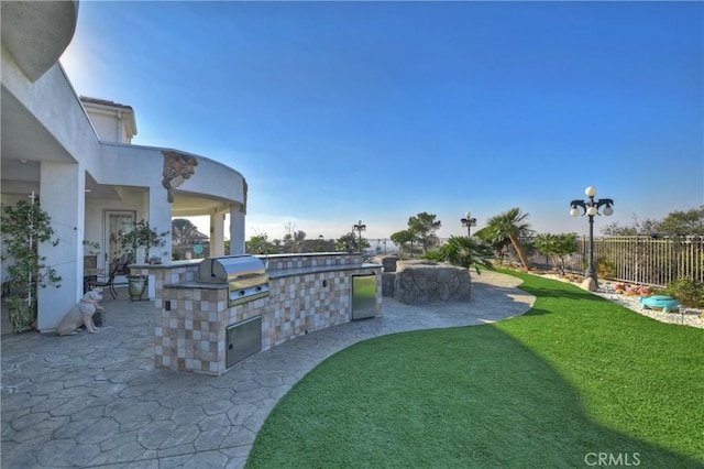 view of yard featuring exterior kitchen and a patio area