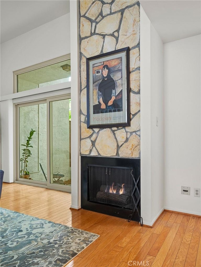 room details featuring a stone fireplace and hardwood / wood-style floors