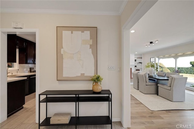 corridor featuring crown molding, sink, and light hardwood / wood-style floors