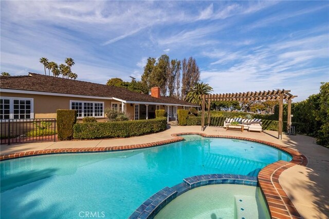 view of swimming pool with a pergola, a patio, and an in ground hot tub