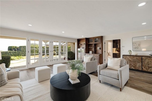 living room featuring french doors, light hardwood / wood-style floors, and a wealth of natural light