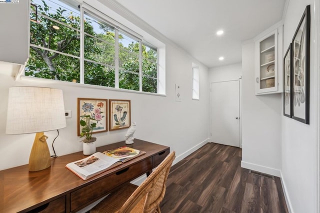 home office featuring dark wood-type flooring